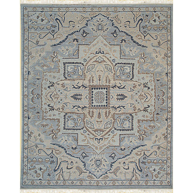 Unique Comfortable Light Blue Hand Knotted Traditional Oriental Wool Area Rug, Rectangle 10' x 14'