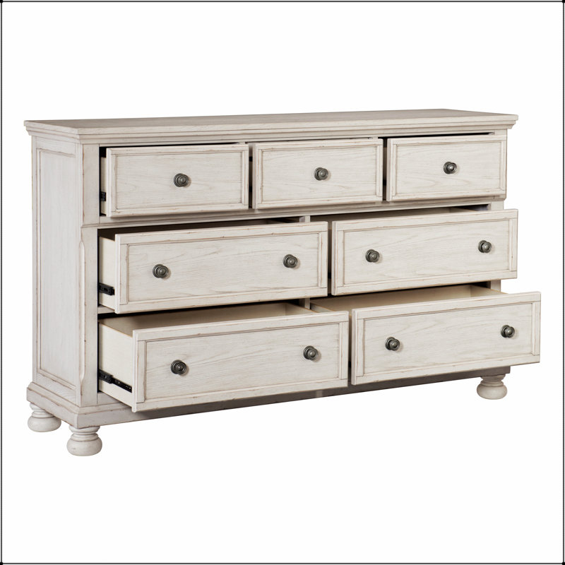 Commode 7 tiroirs à finition blanche antique avec plateau à bijoux caché, design traditionnel pour les chambres classiques