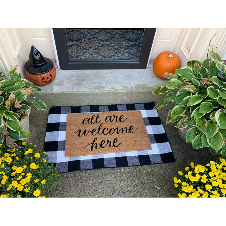 Gracie Oaks Buffalo Plaid Outdoor Rug Grey 27.5 x 43 Inches Cotton Hand-Woven Checkered Front Door Mat, Washable Gray Outdoor Rugs for Layered Door Mats Porch/Fro