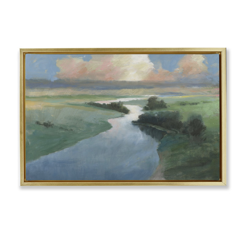  «Stream Landscape in Jan Floater» par Wellington Studio, H 17 po x l 25 po, Cadre flottant métallique doré