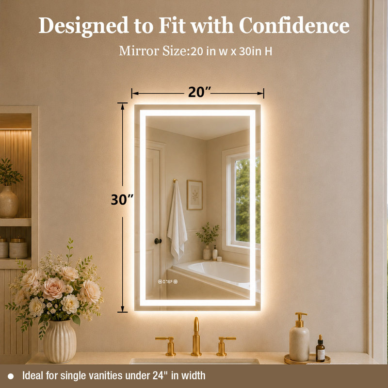Miroir de salle de bain mural en cristal poli anti-buée à lumière DEL l 20 po x H 30 po TMMV, L 20 po x H 30 po