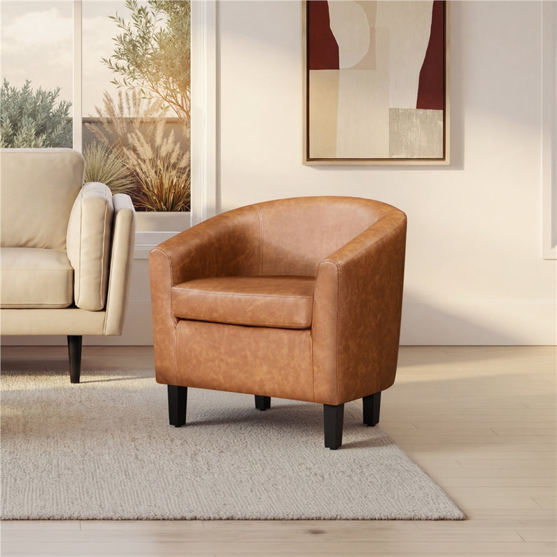 Seldon 28'' H Vegan Leather Barrel Chair, Brown  Faux Leather
