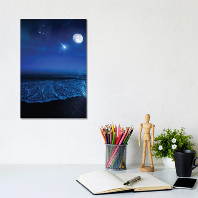Tranquil Ocean At Night Against Starry Sky, Moon And Falling Meteorite by Evgeny Kuklev - Wrapped Canvas Gallery-Wrapped Canvas Giclée