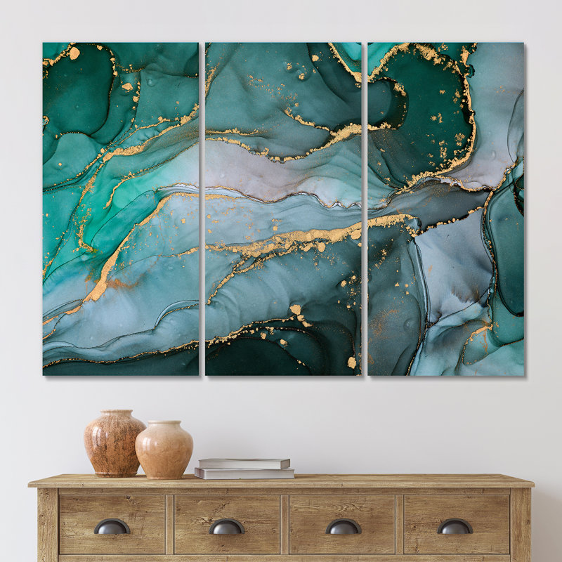 «Turquoise and Grey Luxury Abstract Fluid Art II», reproduction d'art sur toile moderne, H 28 po x l 36 po x P 1 po