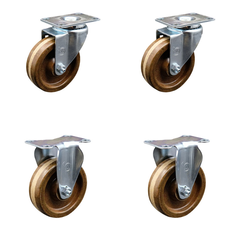 4 Inch High Temp Phenolic Wheel Swivel Top Plate Caster Set with 2 Rigid SCC