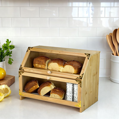 Extra Large Bamboo Corner Bread Box, Airtight Bread Bin And Holder, Bread Storage Container, 2 Layers, (Natural)
