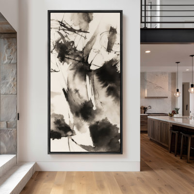 Large Framed Canvas Wall Art - Black Ink Abstract Modern Minimalist Brushstroke Effect Contemporary Prints - 60"x30"