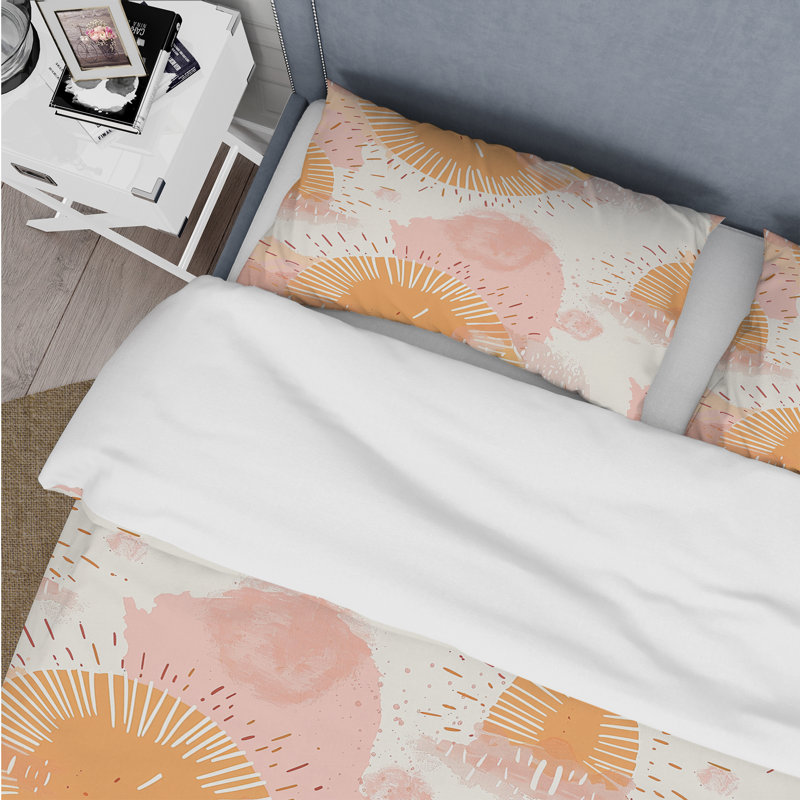 Ensemble de housse de couette rose et orange Morning Glow Sun I - Boho, Housse de couette pour grand lit + 2 taies décora