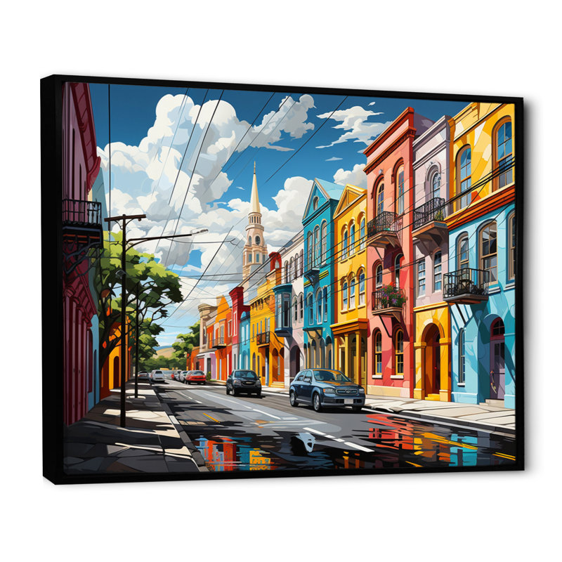 City Charleston Popart II sur toile, Cadre flottant noir, H 30 po x l 40 po x P 1,5 po