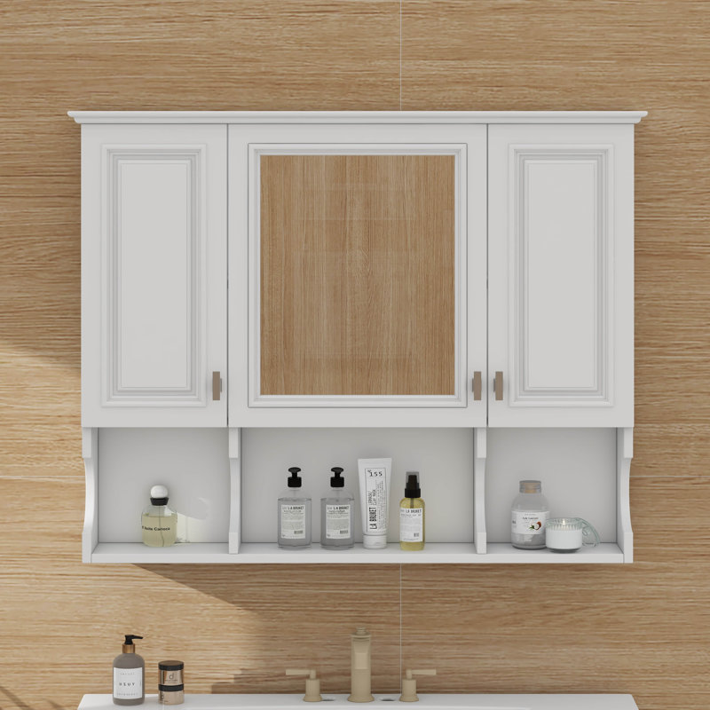Armoire à pharmacie murale, armoire de salle de bain moderne avec miroir, tablettes ouvertes, Blanc