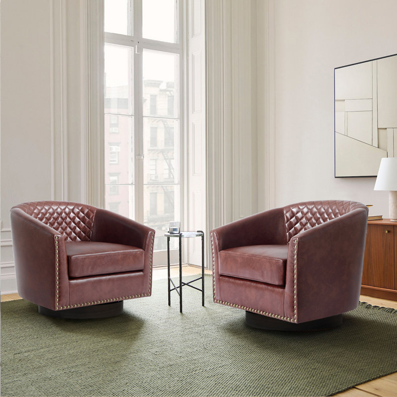 75.2Cm Wide Tufted Swivel Barrel Chair, Red Brown Faux Leather