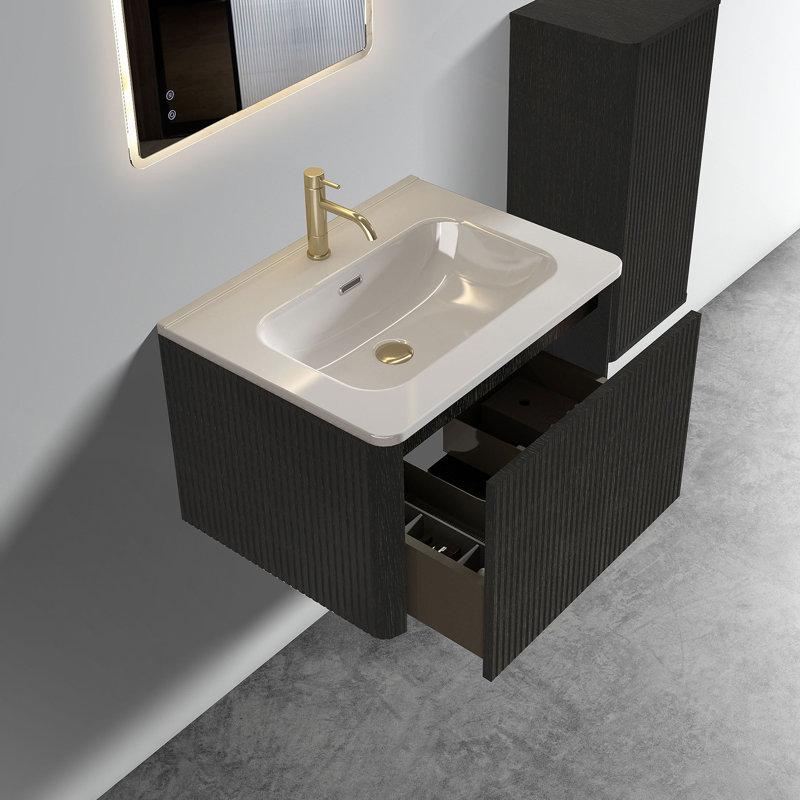 Meuble-lavabo flottant 24 po en chêne brossé rayé avec lavabo en céramique blanc, meuble-lavabo une pièce sans évier, pré-assemblé