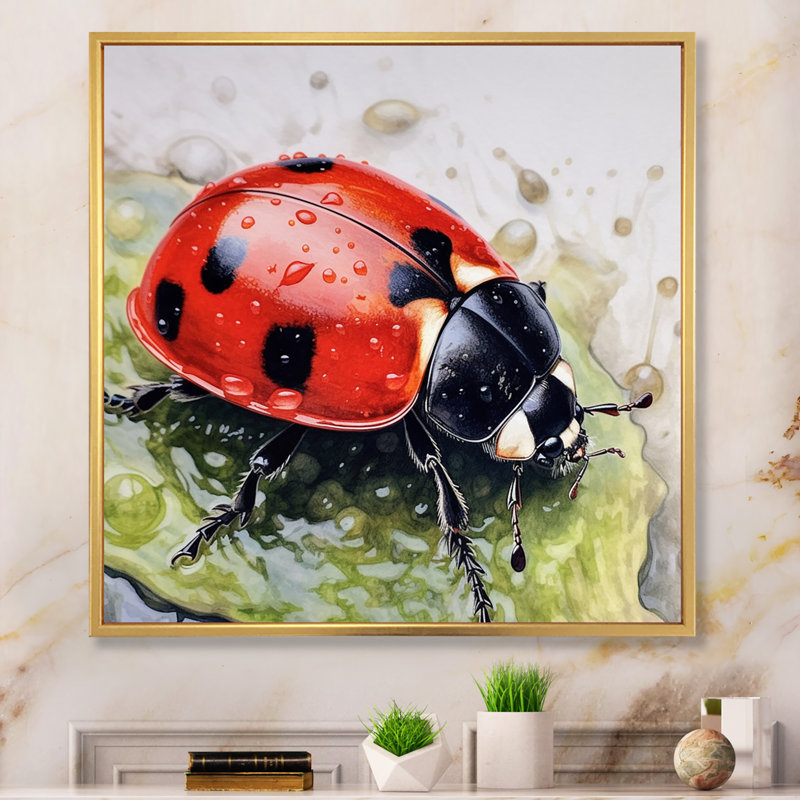 Coccinelles rouges et noires III sur toile, H 30 po x l 30 po x P 1 po, Cadre flottant doré