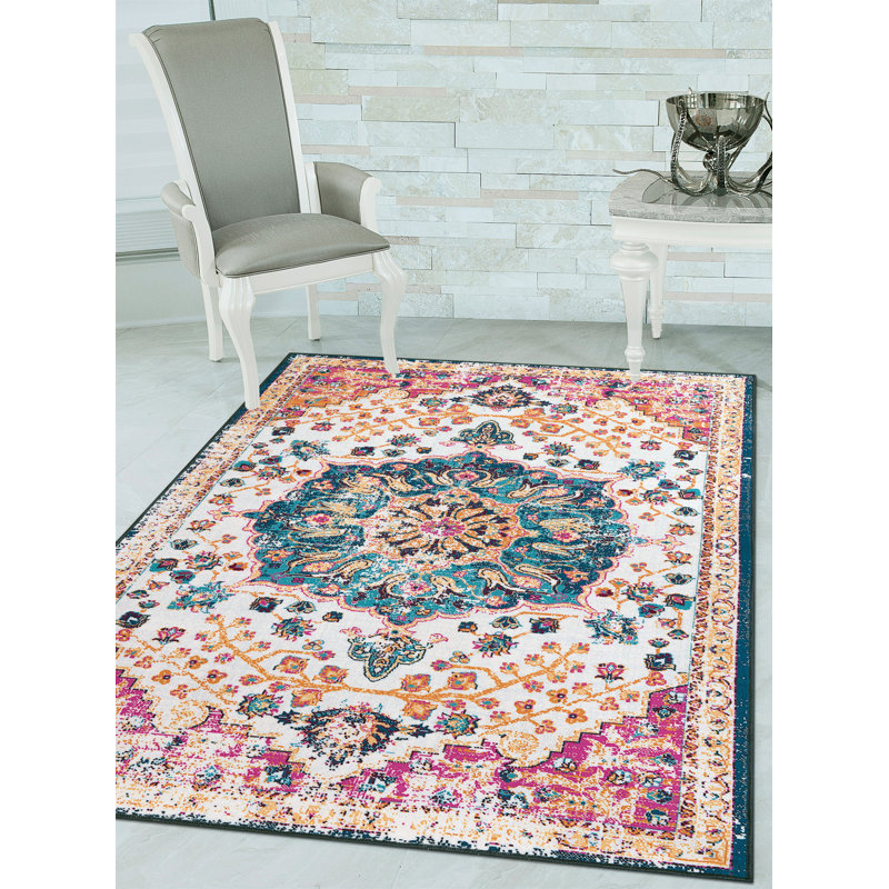 Tapis oriental beige / rose / bleu sarcelle, Rectangle 9 pi 8 po x 13 pi 1 po