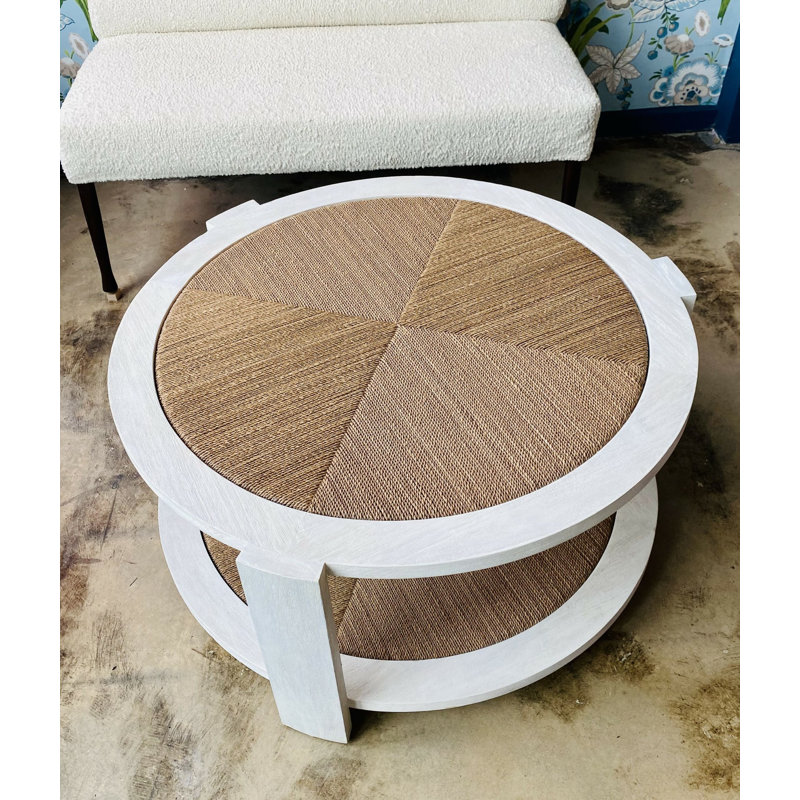 White and Light Brown Rattan Two-Tier Coffee Table