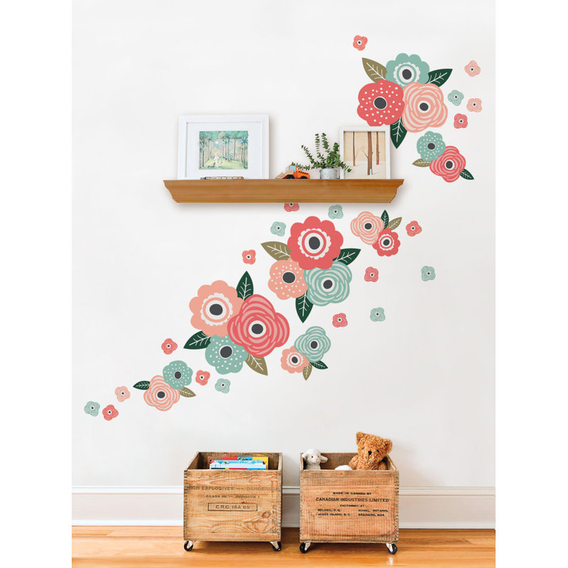 Décalcomanie murale fleur pour enfants, Corail chic / menthe