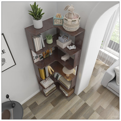 Bibliothèque de coin en forme de L à 6 niveaux pour salon, chambre à coucher, bibliothèque en bois avec anti-chute et dispositif anti-basculement, étagère de rangement ouverte pour bureau à domicile