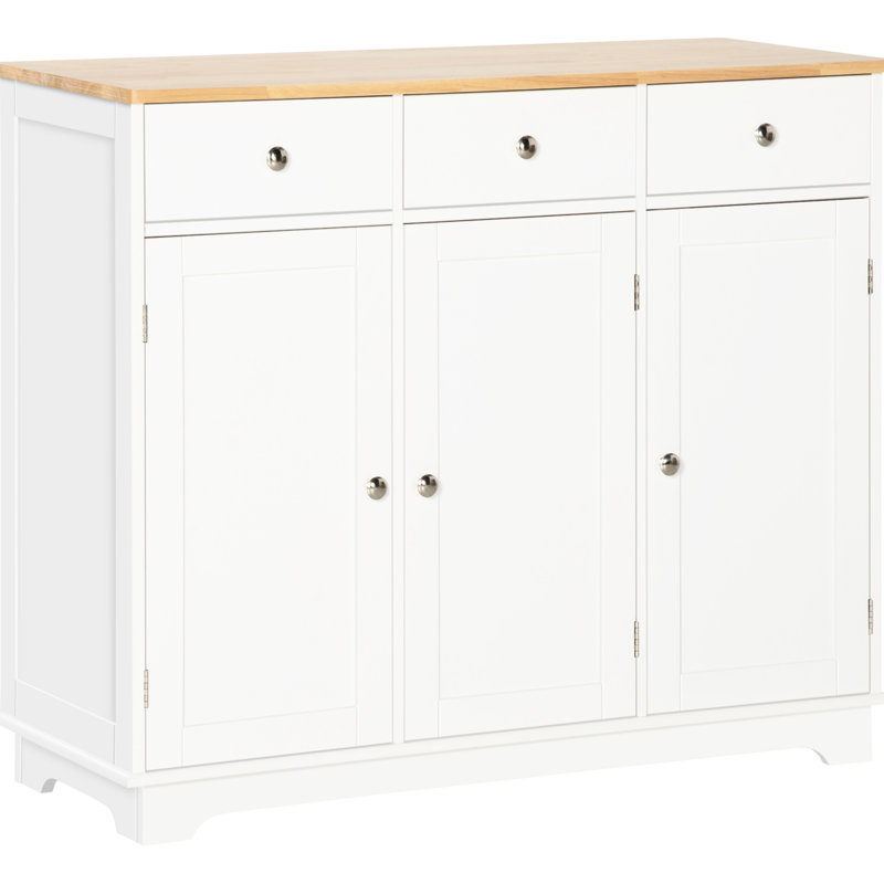 Meuble de cuisine blanc avec comptoir en bois massif, 3 tiroirs, portes et tablette réglable pour un rangement optimal - Style élégant