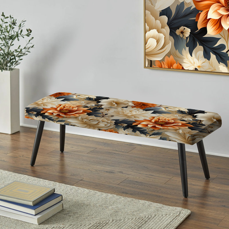 Mosaic Beige And Orange Botanicals - Floral Upholstered Black Bench