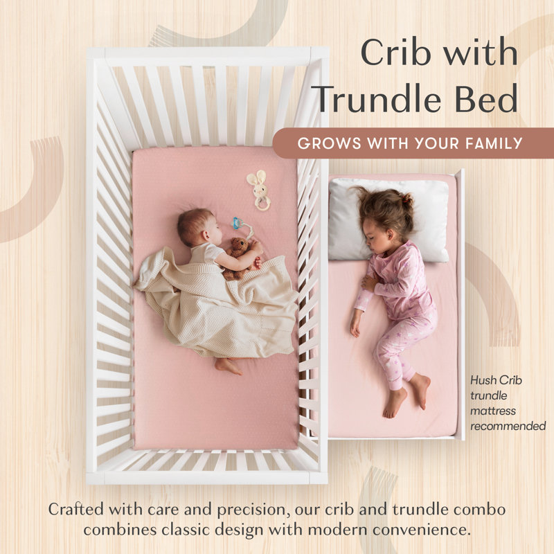 HushCrib 3-in-1 Convertible Crib with Trundle, Toddler Bed, Daybed, White