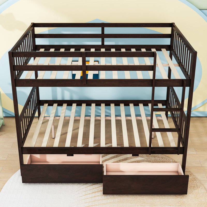 Lit superposé convertible en bois avec tiroirs de rangement et barrières de sécurité, Lit superposé double sur double