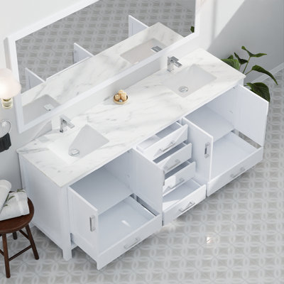 Meuble-lavabo double bleu marine 84 po X P 22 po D, avec plateau en marbre de Carrare
