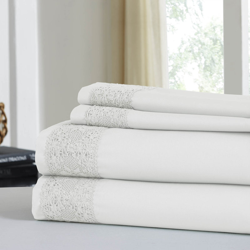 Rich Lace Hem Cotton Blend Sheet Set, Full Sheet + Fitted Sheet + 2 Pillowcases, White