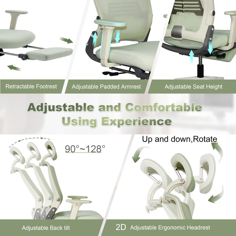 Foldable Office Chair with Foot Rest, Ergonomic Mesh Office Chair with Adjustable Lumbar Support, Headrest, Armrest, Home Office Desk Chairs for Space Saving