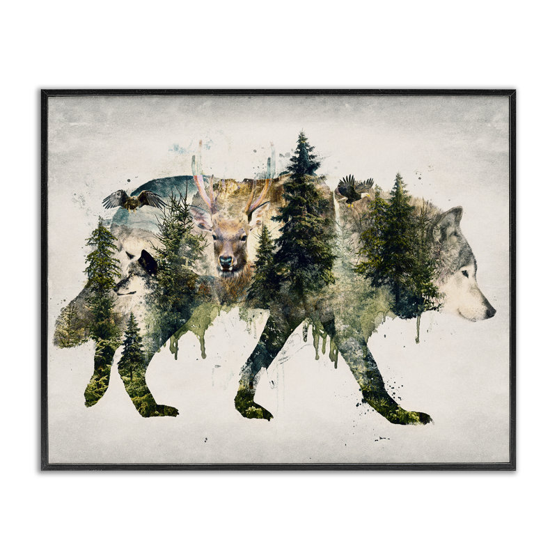 Giclée encadrée de Woodland Wildlife Wolf, design par Barrett Biggers, H 16 po x l 20 po, Giclée encadrée noir minuit