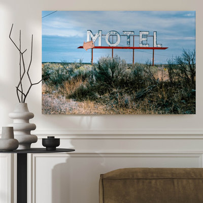 Framed Canvas Wall Art, Abandoned motel sign stands amidst dry shrubs, Vintage film photography style. Wall Decor, Large Artwork for Living Room Bedroom, Ready to Hang, 24x36 Inch