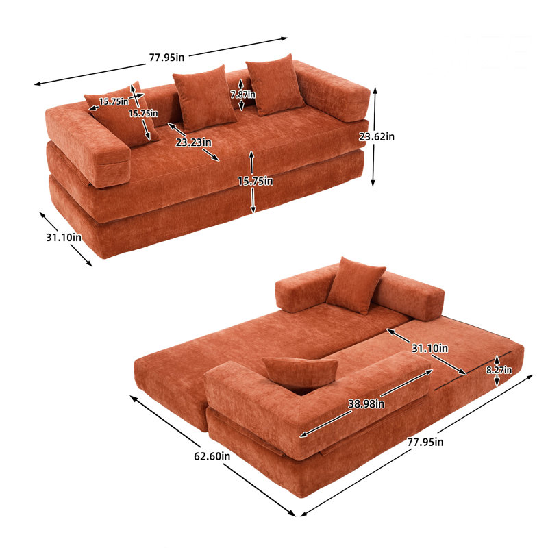 Canapé-lit pliant de 78 po avec accoudoirs amovibles en forme de L, canapé-lit modulaire en chenille désossé escamotable, canapé-lit pliable en mousse à mémoire de forme pour petits espaces