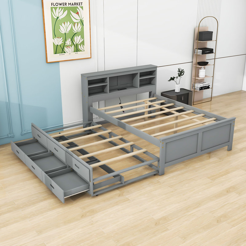  Lit plateforme avec tête de rangement Willavene, USB, lit gigogne simple et 3 tiroirs, gris, Double
