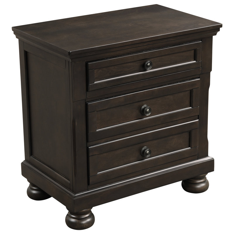Table de chevet de chambre à coucher avec aspect brun grisâtre - 2 tiroirs, bois d'ingénierie, ornement en bois au fini transitionnel, accessoire d'ameublement