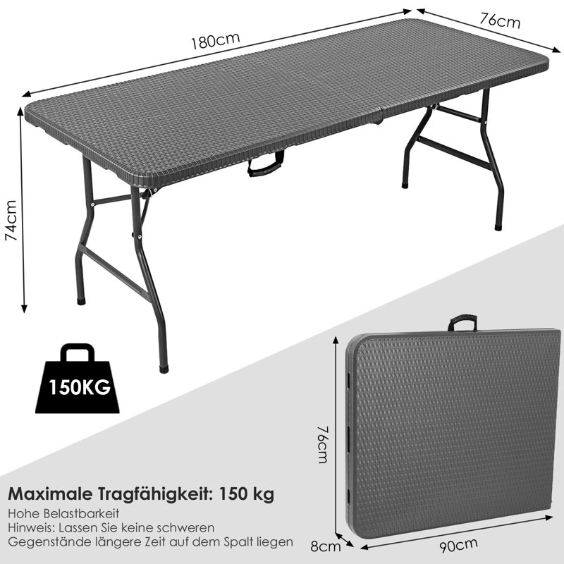 Rectangular 180Cm L Outdoor Camping Table, Black, Grey