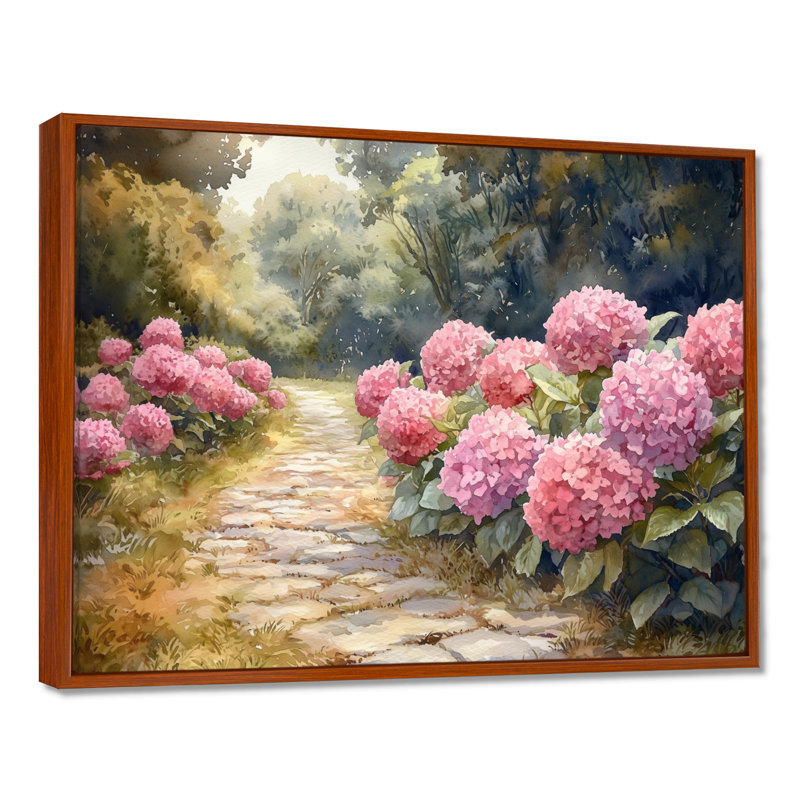 Hydrangeas By The Stone Path I - Hydrangea Wall Art for Living Room, Brun, H 12 po x l 20 po, Impression encadrée flottante