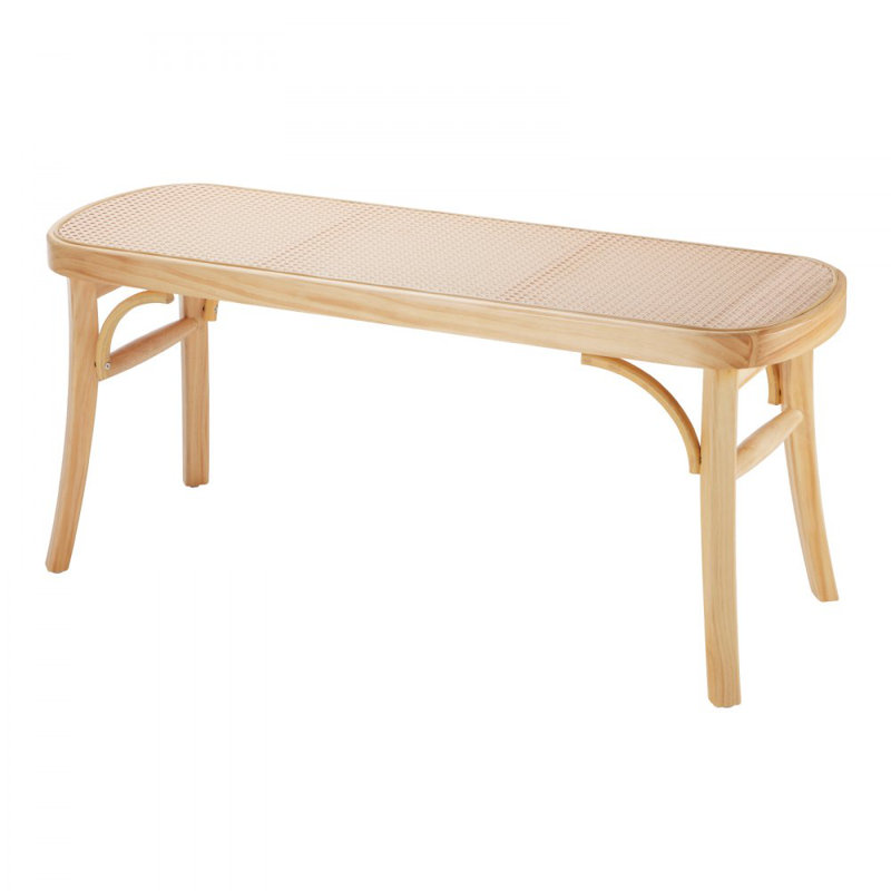 Bench, 43.3" Wooden Bench, Entrywway Bench with Oak Wood Legs, Bedroom End of Bed Boho Bench with Hand Woven Rattan, for Living Room, Kitchen