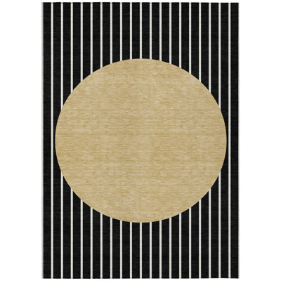 5' X 8' Black Striped Washable Indoor Outdoor Area Rug