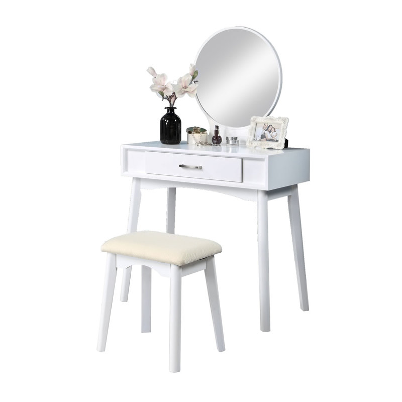 Bureau de coiffeuse en bois avec tabouret, White