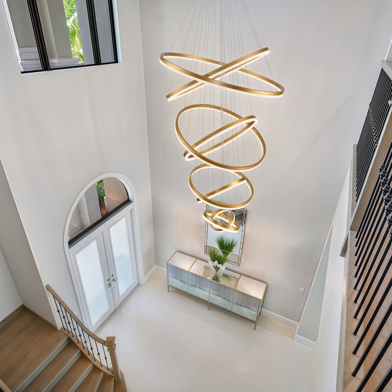 8-Rings Modern Led Chandelier Gold Contemporary Dimmable Ceiling Pendant Light With Remote Control, Foyer High Ceiling Chandelier For Staircase Living Room Entryway