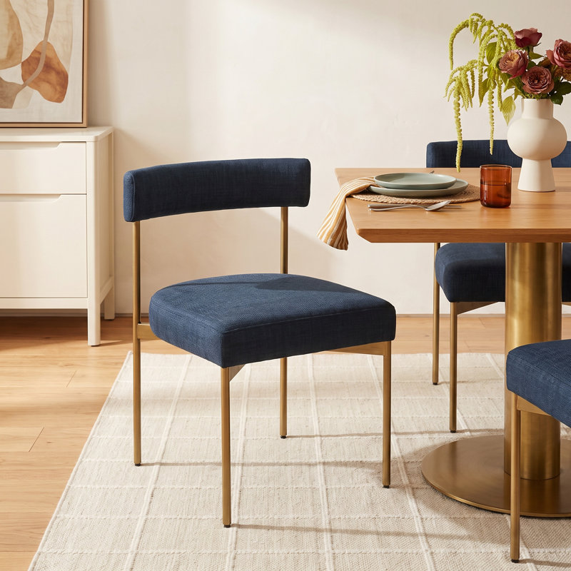 Freida 19.75'' H Upholstered Dining Chair, Navy Blue, Antique Brass