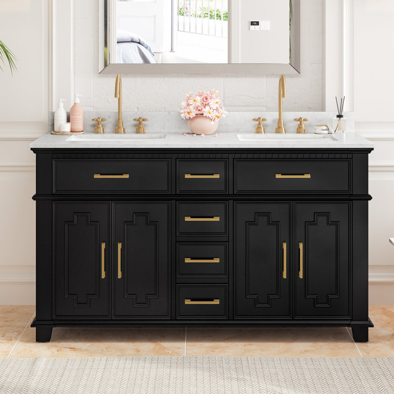 Scarlett 60'' Double Bathroom Vanity with Engineered Stone Top, Black/Brushed Gold