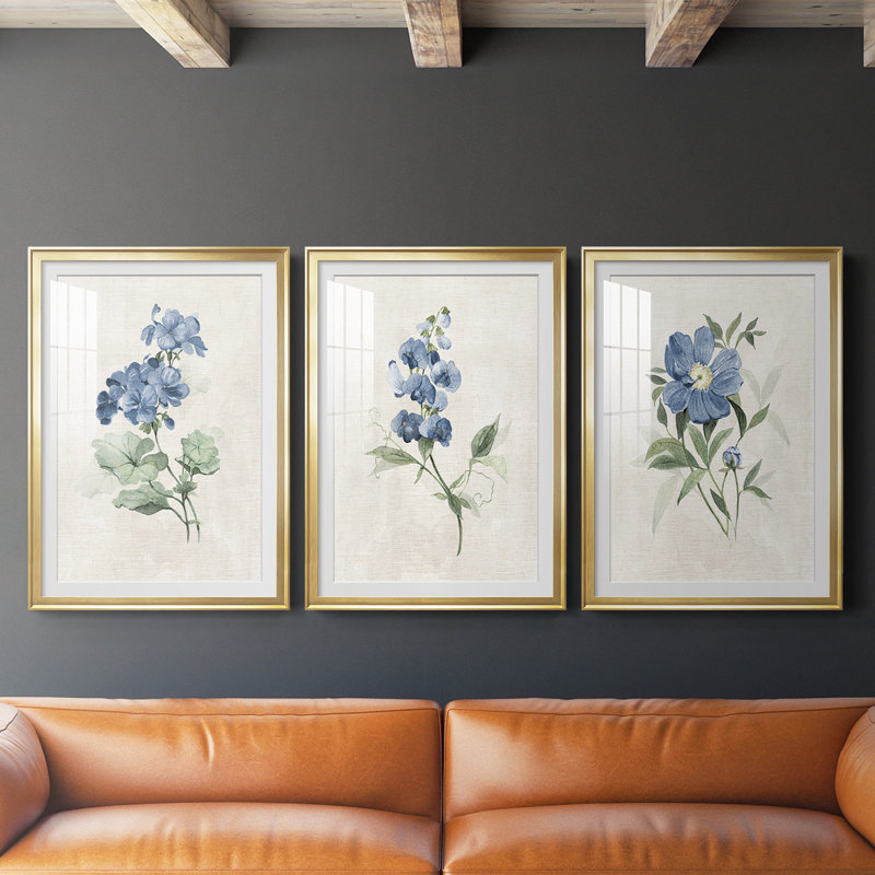 " Farmhouse Periwinkle I " 3 - Pieces Painting Print, Gold Framed, 24.5" H x 37" W x 2.5" D