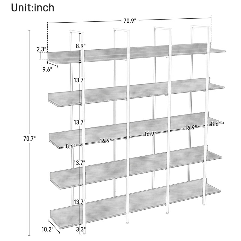5 Tier Bookcase Home Office Open Bookshelf, Vintage Industrial Style Shelf With Metal Frame, Mdf Board, Brown
