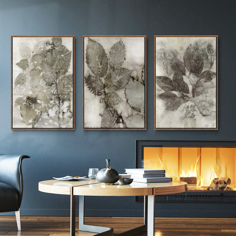 Ensemble de 3 pièces encadrées sur toile Suminagashi I à grain de bois, Noyer, H 27 po x l 54 po