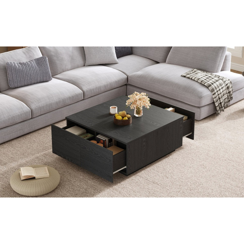 33.25" Square Coffee Table With 4 Drawers, Black