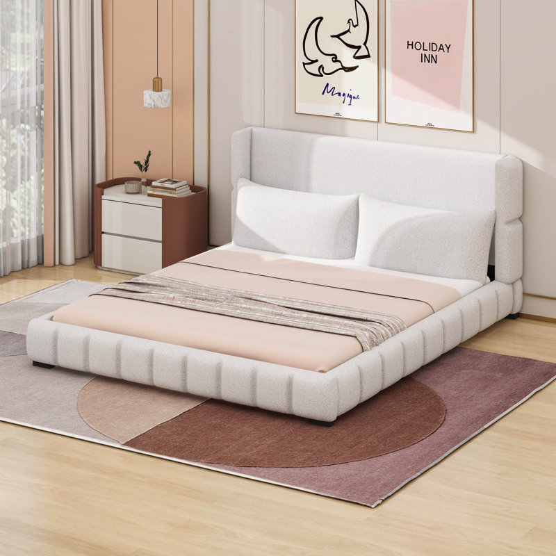 Lit plateforme tapissier avec 2 coussins, Blanc, Très grand lit