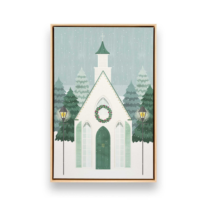 «Vintage Winter Church Scene», reproduction d'art sur toile, H 18,75 po x l 12,75 po, Cadre flottant brun