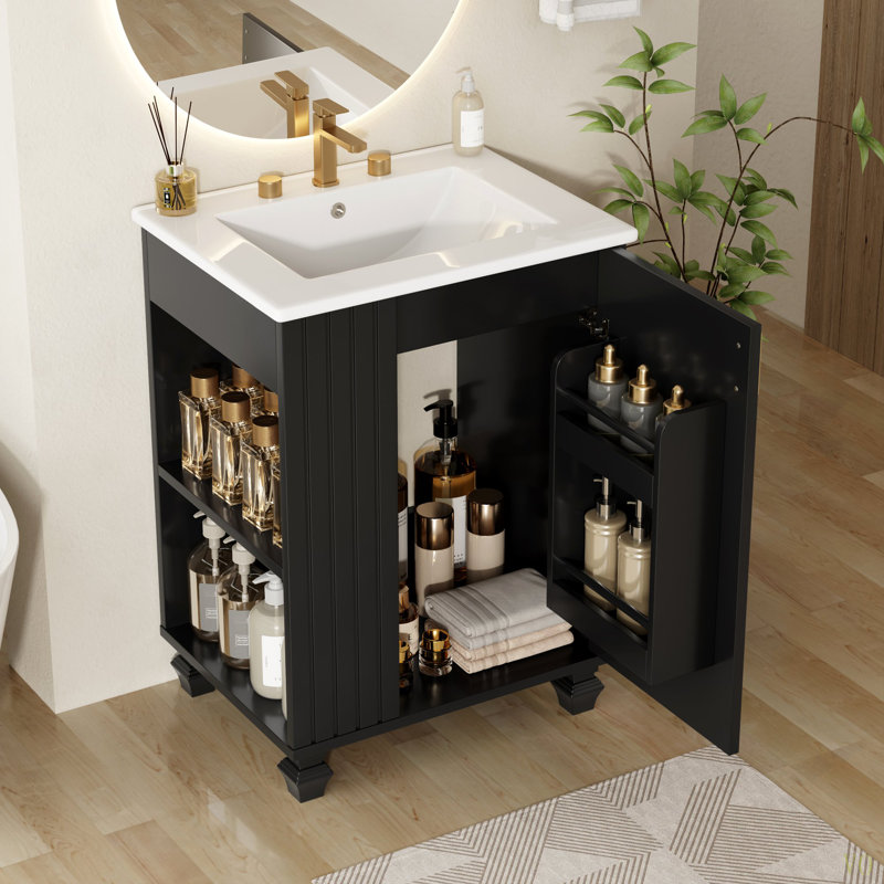 Meuble-lavabo 24 po avec lavabo, armoire de salle de bain avec tablette de porte, rangement latéral ouvert, structure en bois massif, porte à fermeture douce
