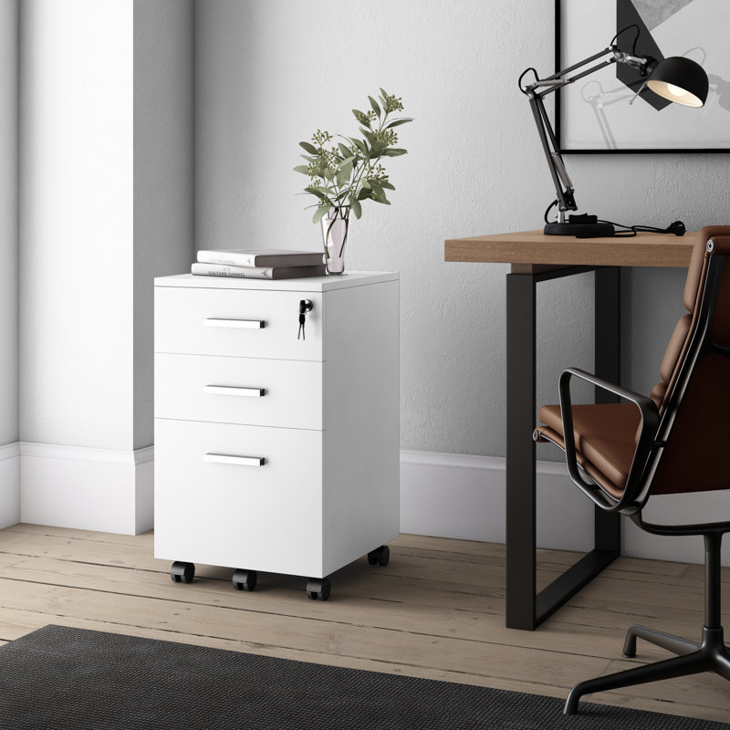 Galia Lazio Hanging File Cabinet W/ 3 Lockable Drawers & Wheels, White/White