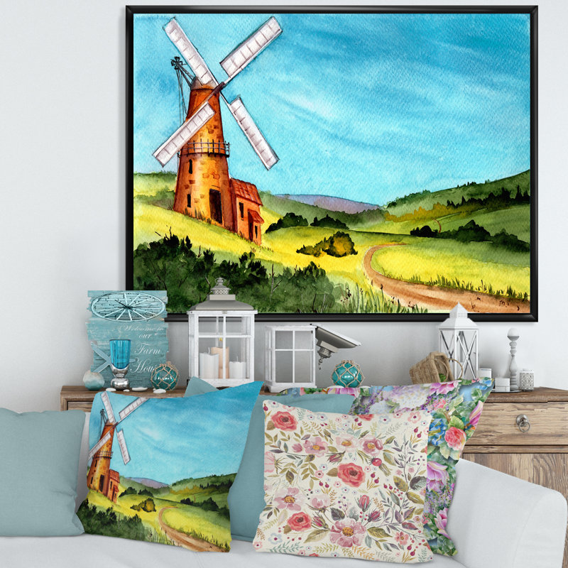 Paysage avec un moulin à vent et un toit de tuiles - Peinture sur toile, H 12 po x l 20 po, Cadre photo doré